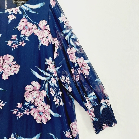 Jessica Howard Blue Pink Floral Long Smocked Sleeve Midi Dress P6933 - Picture 2 of 7